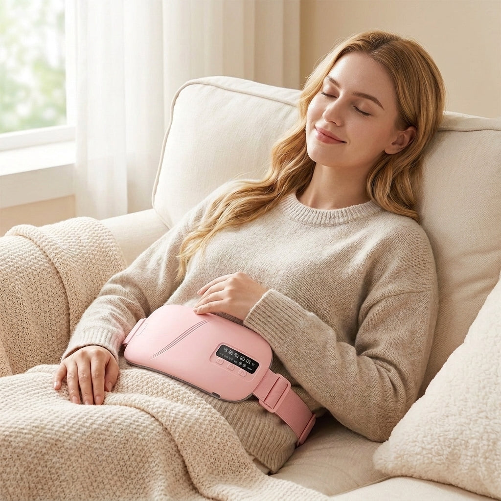 Woman relaxing on a sofa wearing the Ember Hug heating pad for period cramp relief